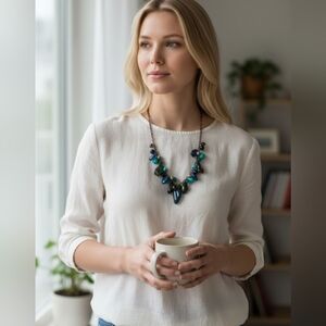 Statement Chunky Stone & Round Bead Bib Necklace Bohemian Gypsy Copper Coastal